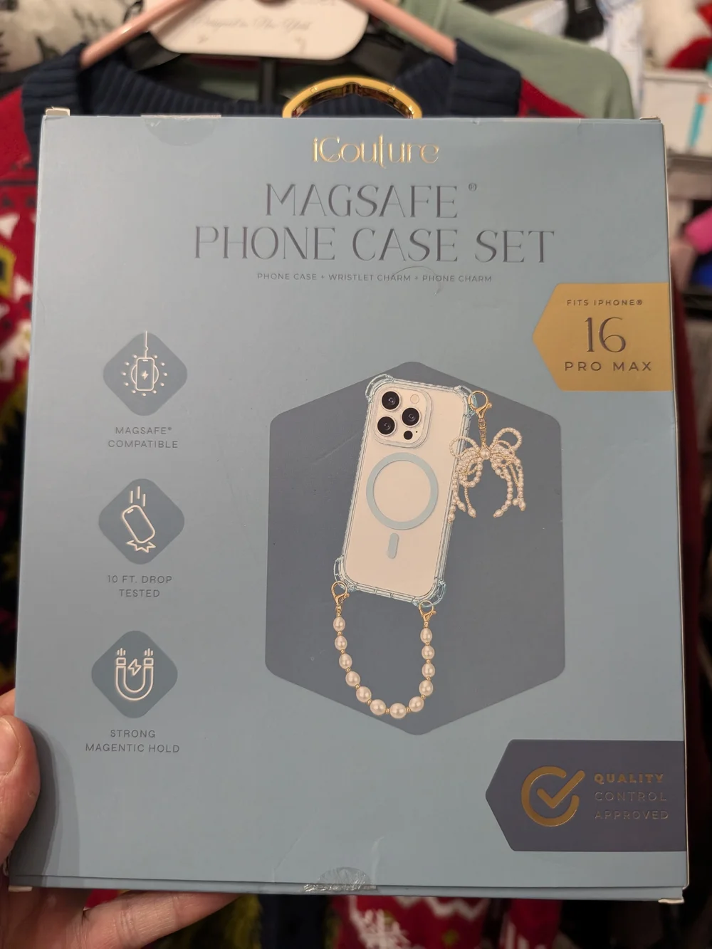 Blue & White MagSafe Phone Case Set with Pearl Charms